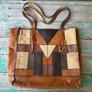 Patricia Nash Patchwork Tote Bag Purse 13x11.5 Inch Leather Stitched Brown Cream
